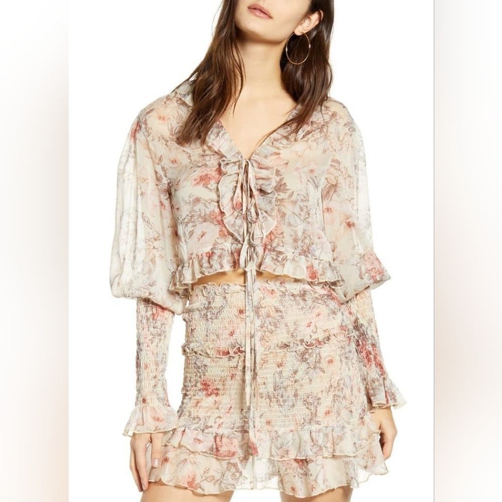 REVOLVE Floral Sheer Blouse - Cream and Pink
